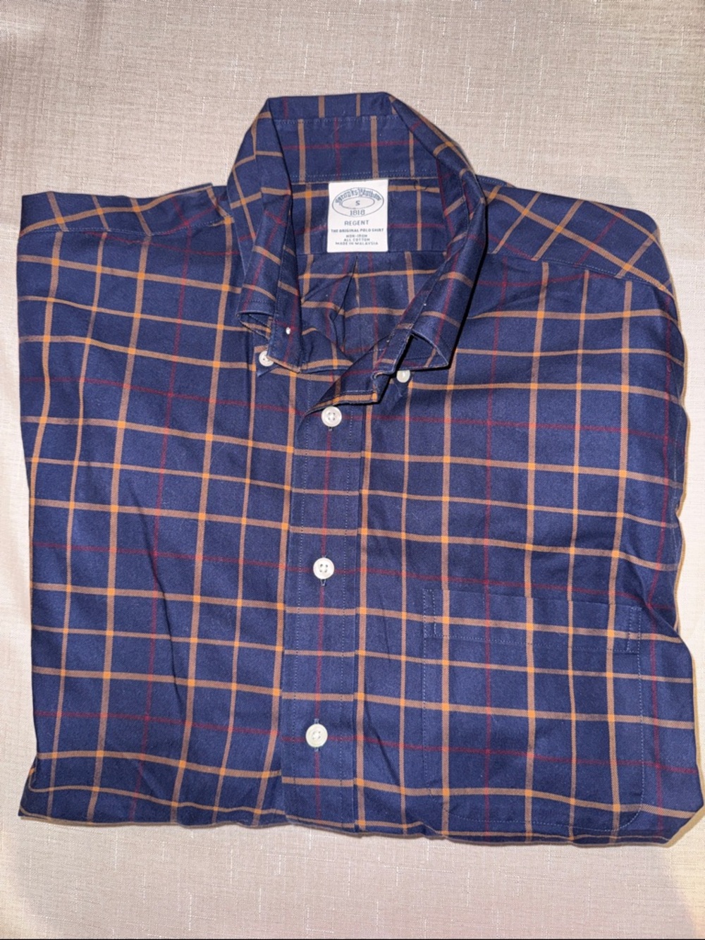 Brooks Brothers Navy Button-Down Shirt with Tan and Red Windowpane